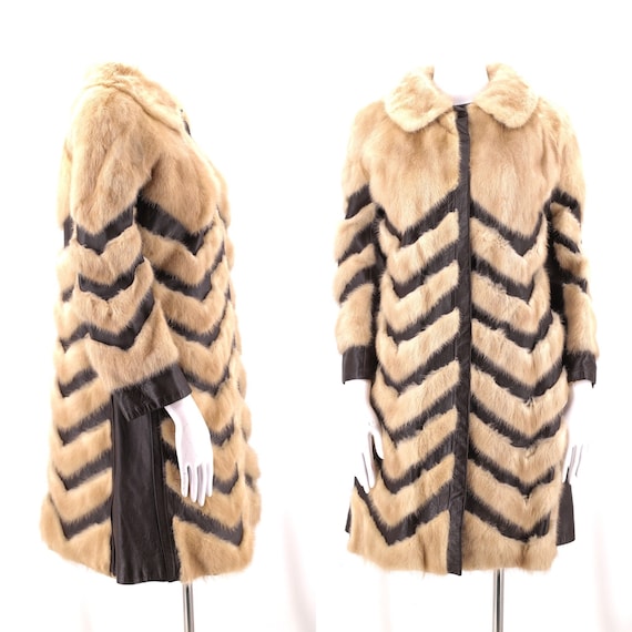 70s mink leather fur coat, vintage 1970s chevron … - image 1