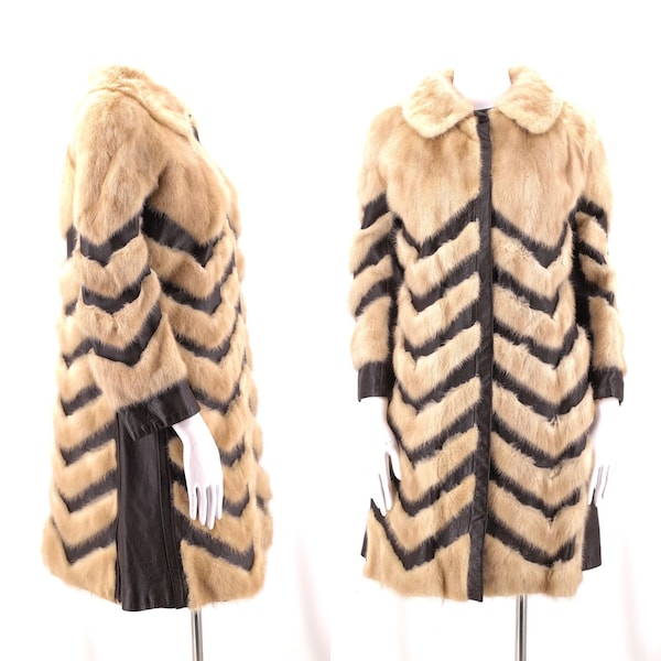 70s mink leather fur coat, vintage 1970s chevron pattern snap front coat, disco glam pieced fur coat jacket M