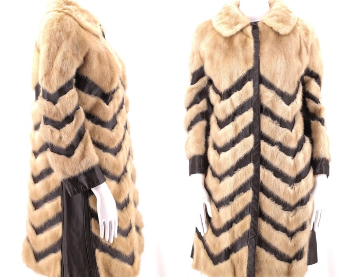 70s mink leather fur coat, vintage 1970s chevron pattern snap front coat, disco glam pieced fur coat jacket M