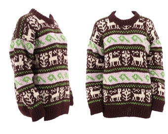 vintage HAND KNIT Llama print Peruvian wool sweater / 80s 90s handmade heavy knit sweater top M