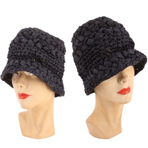 20s cloche hat, vintage 1920s crochet ribbon cloche, black flapper hat, Art Deco hat