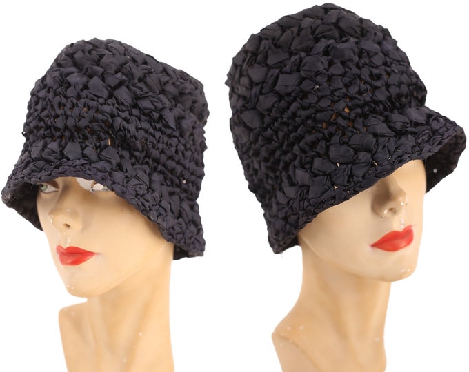 20s cloche hat, vintage 1920s crochet ribbon cloche, black flapper hat, Art Deco hat