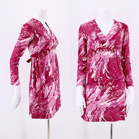 60s pink Printed Nylon Micro Mini Dress / vintage