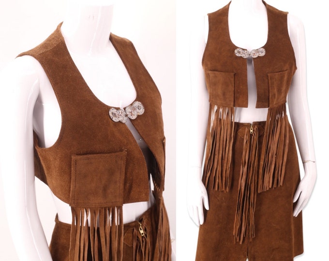 60s suede fringe outfit skirt vest M, vintage 1960s brown zipper mini skirt fringe vest top, Woodstock era festival set 28" W