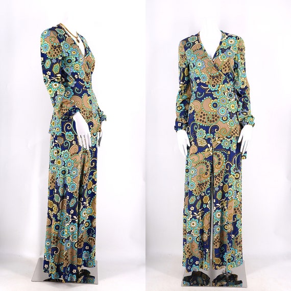 70s Pat Richards psychedelic print poly jersey pan