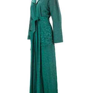 30s rayon Satin emerald dressing gown M / vintage late 1930s 40s dot print zip front dress with wide sweep and sash 1940s S-M image 4