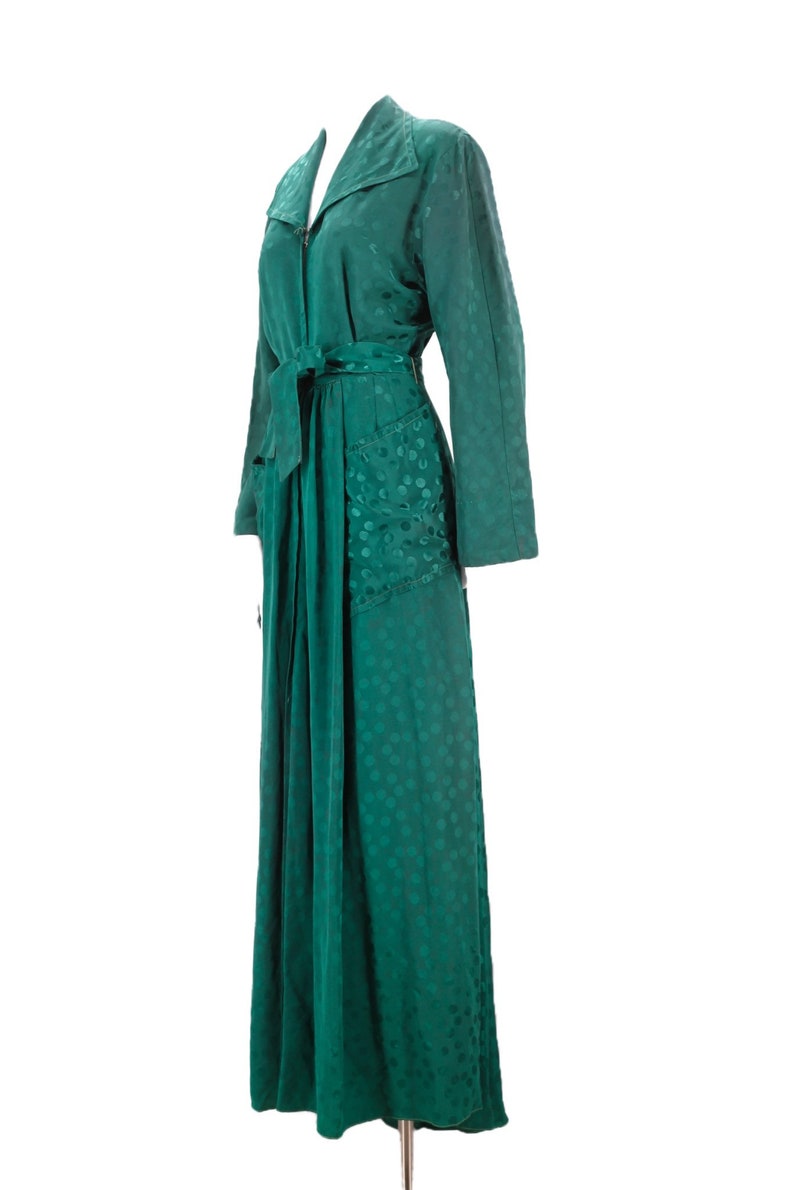 30s rayon Satin emerald dressing gown M / vintage late 1930s 40s dot print zip front dress with wide sweep and sash 1940s S-M image 4