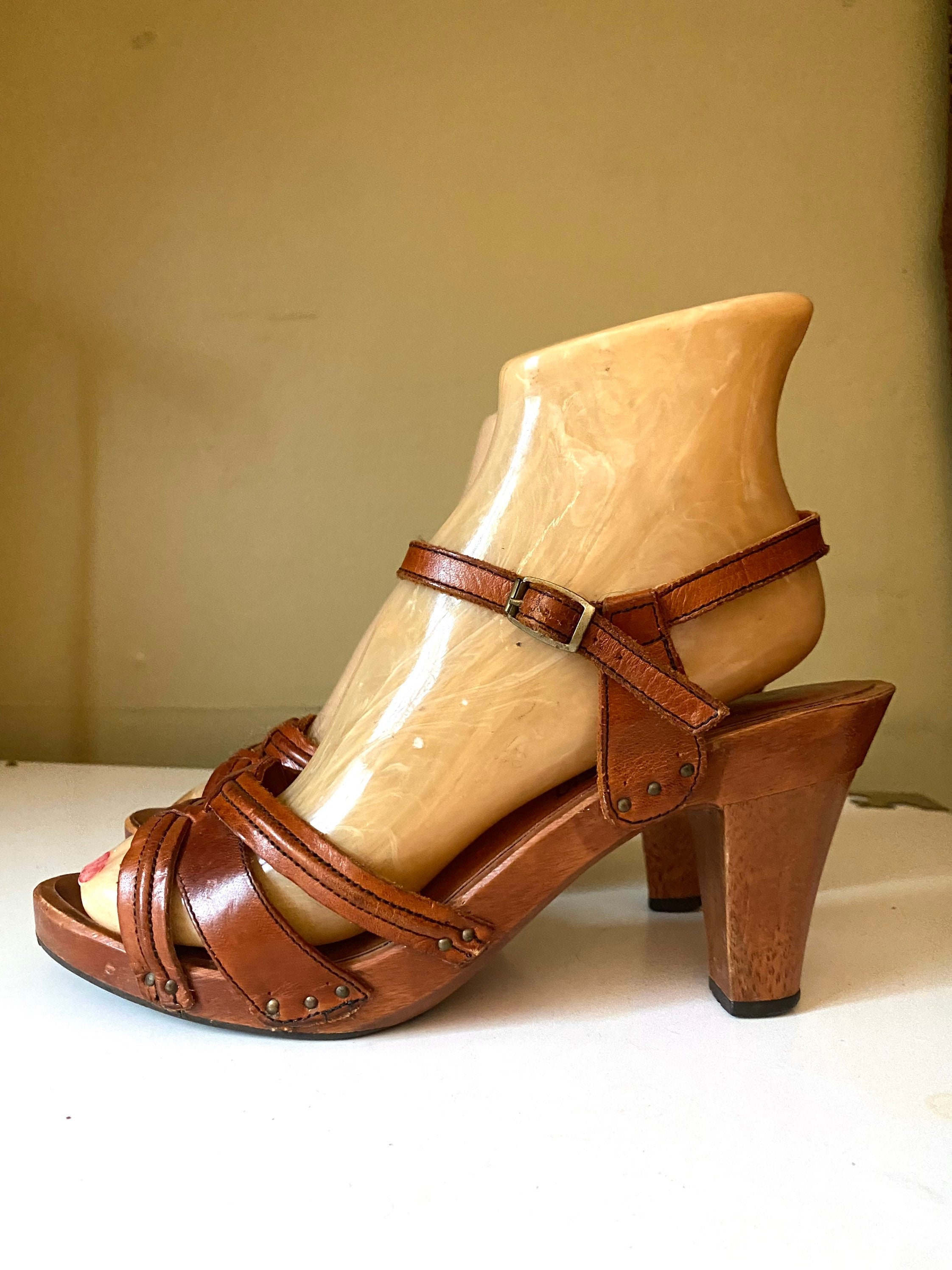 Vtg 60-70s Mexican Brown Leather Hand Tooled open Toes High Heels-6.5A( A)  | eBay