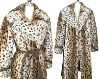 70s leopard print fur coat, vintage disco era faux fur trench, plush vegan fake fur womens size 8