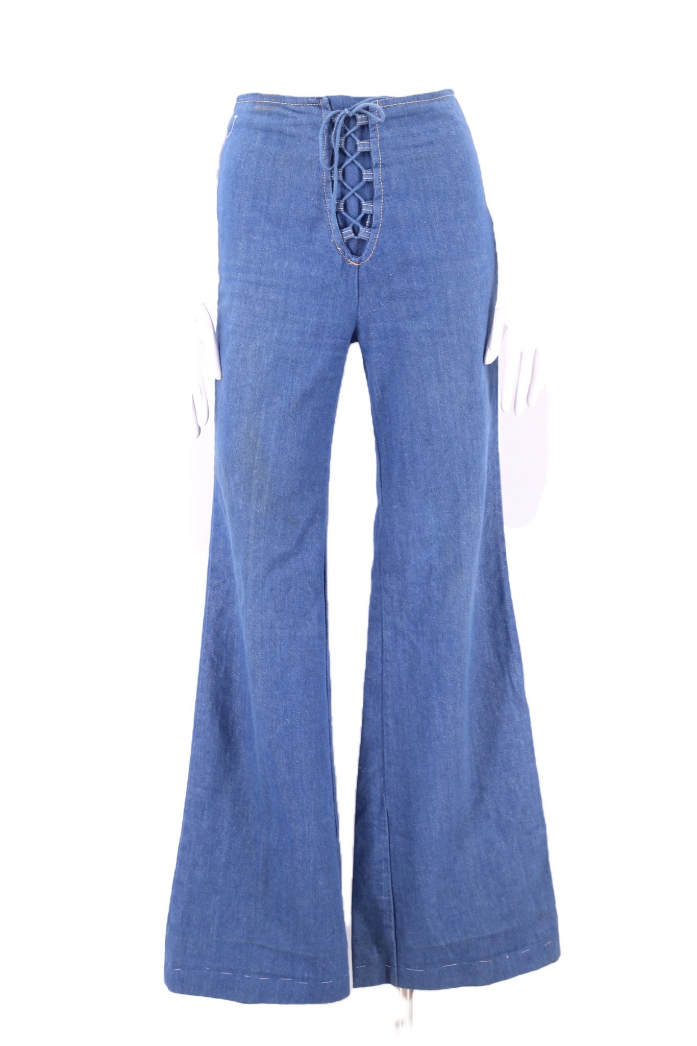 70s denim lace up hi waisted bell bottom jeans sz 28 / vintage 1970s ...