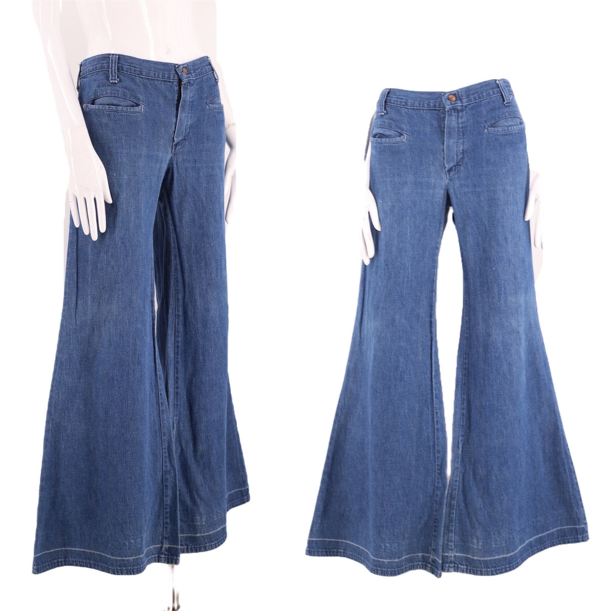 60s low rise hip huggers denim bell bottoms jeans 32 / vintage 1960s  elephant bells flares pants L 70s