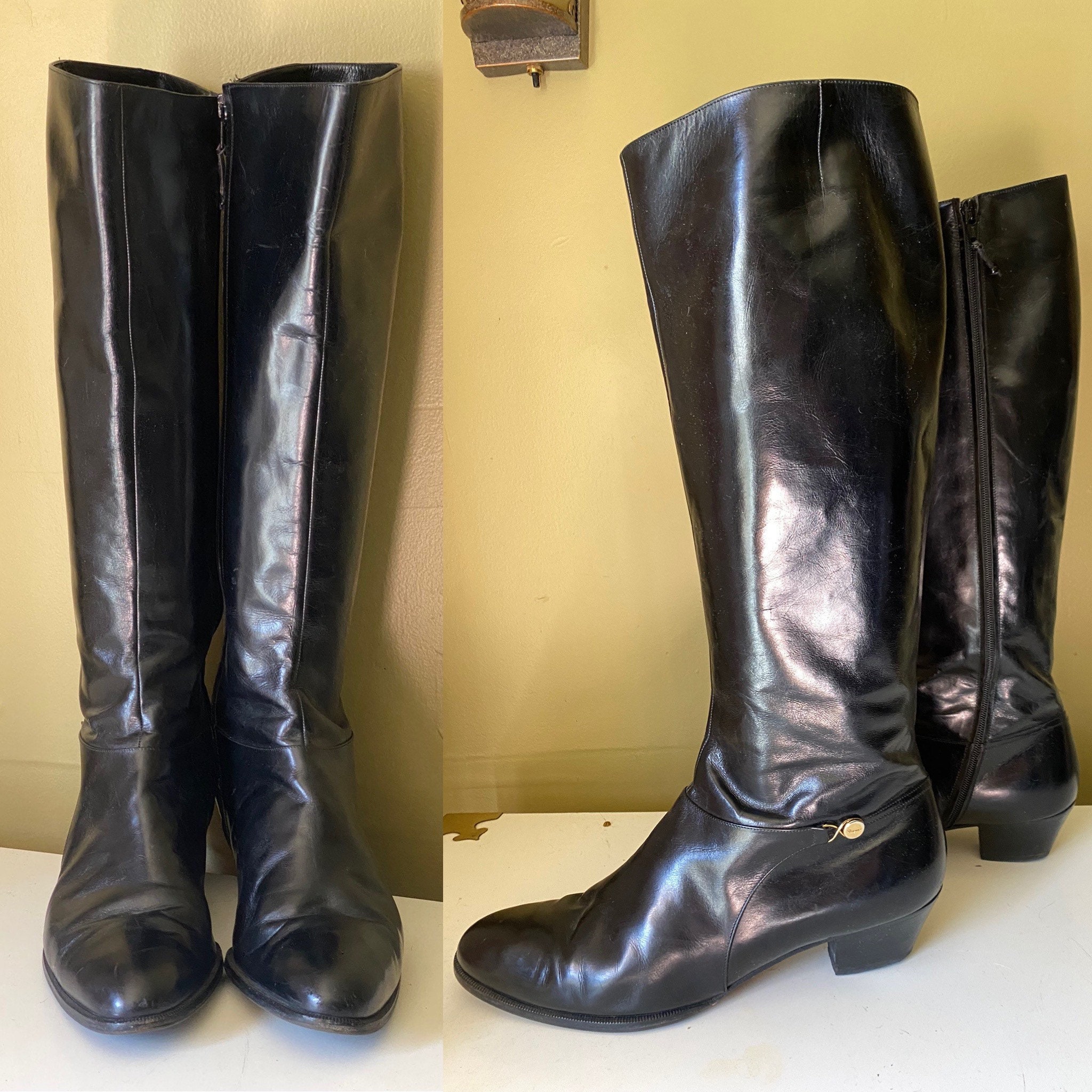 80s sz 10.5 black FERRAGAMO knee high boots / vintage 1970s Salvatore ...