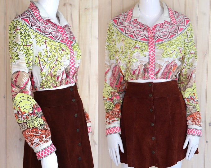 60s 70s Mr Dino novelty print cropped top sz M  / vintage 1970s poly landscape print cropped blouse shirt