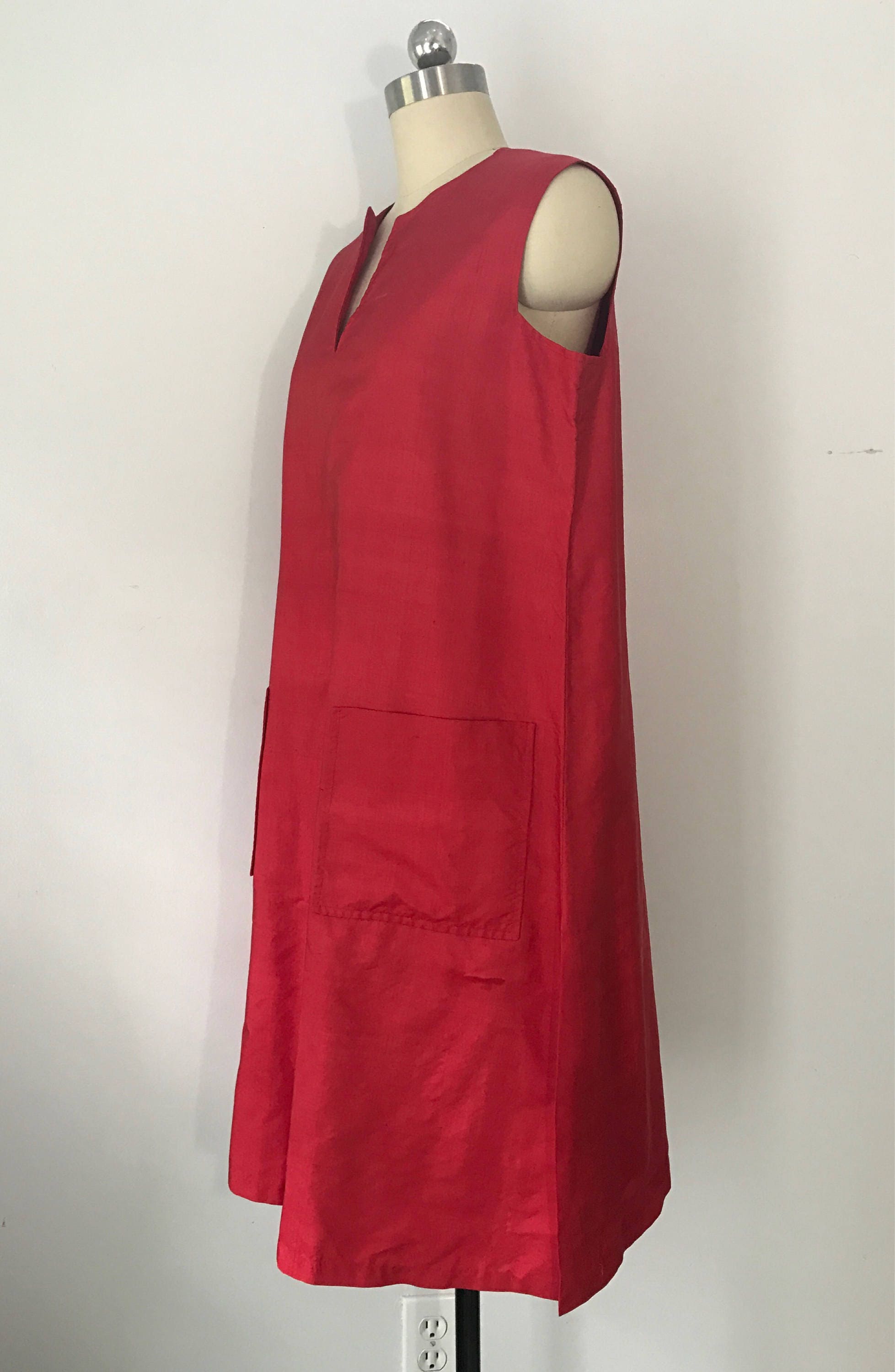 70s HALSTON red raw silk TRAPEZE tent shift dress w pockets 1970s ...