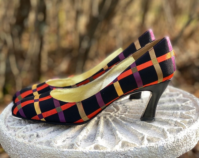 80s sz 6.5 CHARLES JOURDAN plaid shoes / vintage 1980s black silk multicolor high heels pumps