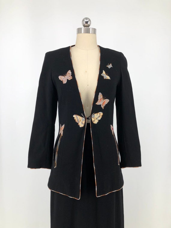 70s JANICE WAINWRIGHT black wool butterfly appliqu