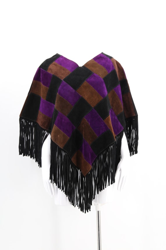 70s suede patchwork poncho / vintage Woodstock era
