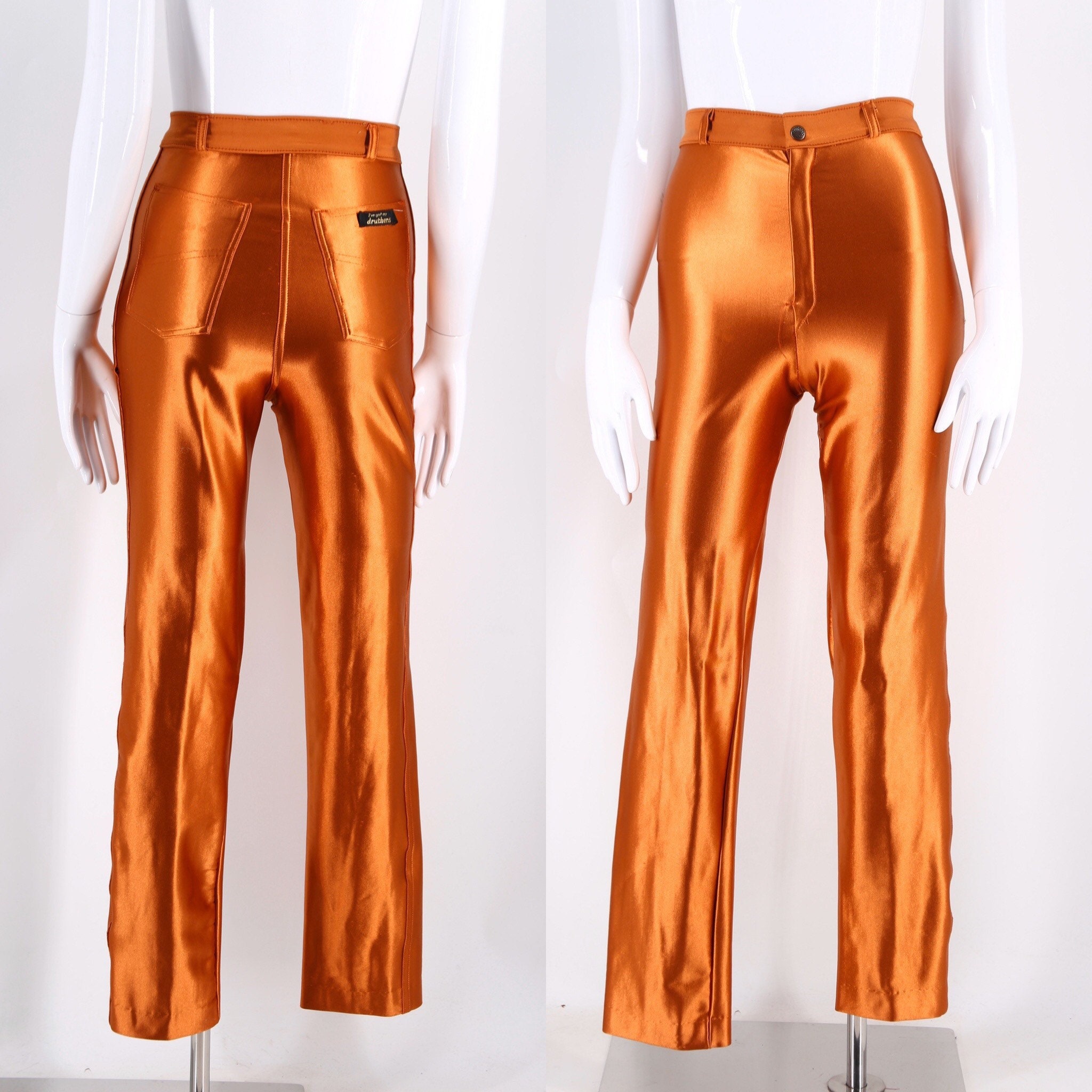 70s bronze original spandex disco pants S / vintage 1970s rust shiny