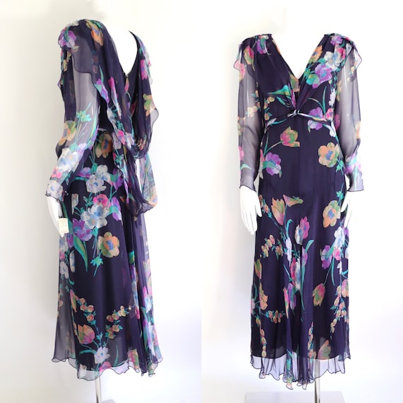 80s HOLLY HARP floral silk chiffon dress sz m / vi