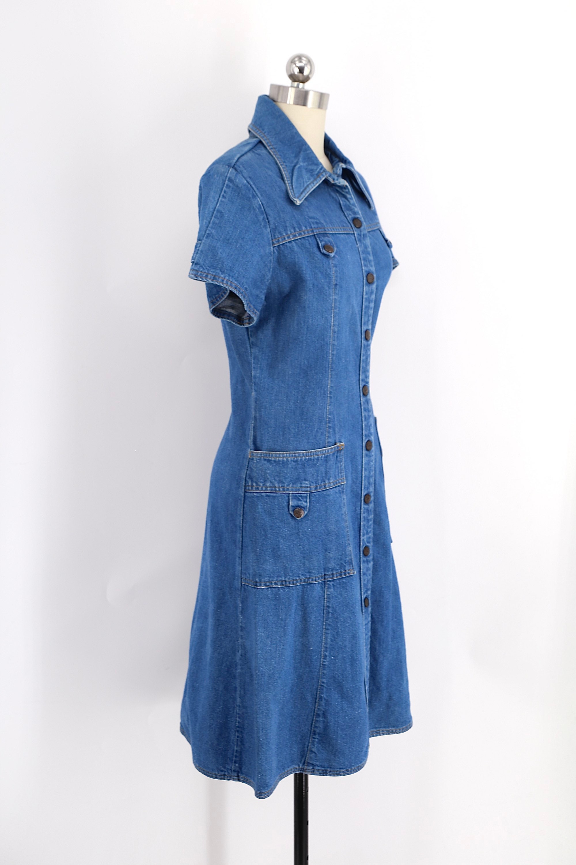 70s LANDLUBBER denim dress sz L / vintage 1970s shirt dress snap front