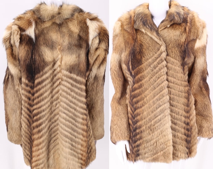 70s COYOTE fur vintage coat M / vintage 1970s chevron hip length textured real fur coat  M-L