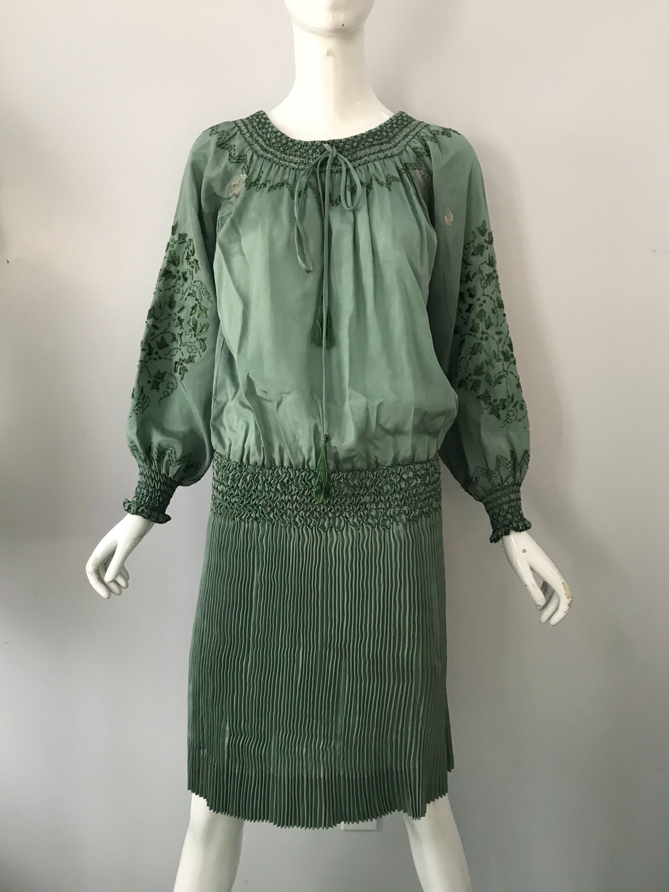 20s HUNGARIAN silk embroidered sage green peasant DRESS w/ Fortuny ...