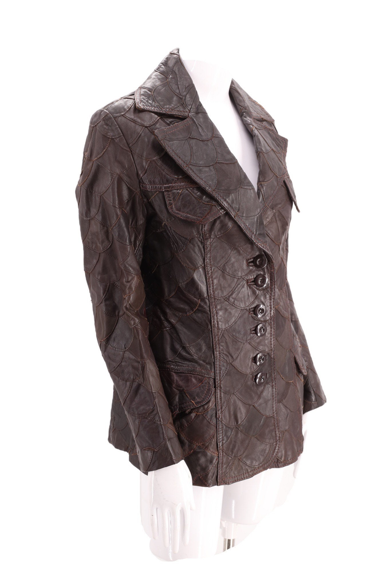 70s fish scale patchwork leather jacket M / vintage 1970s brown patchwork tailored fish scale