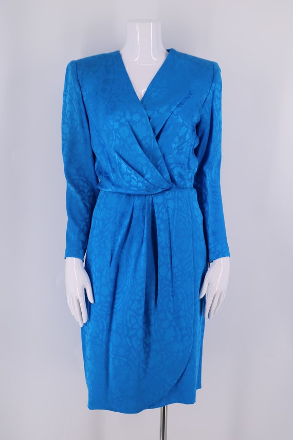 80s GIVENCHY silk print teal draped dress sz 40 /… - image 4