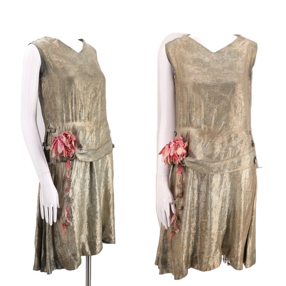 20s Metallic Lam Flapper Dress Vintage 1920s Art Deco Golden