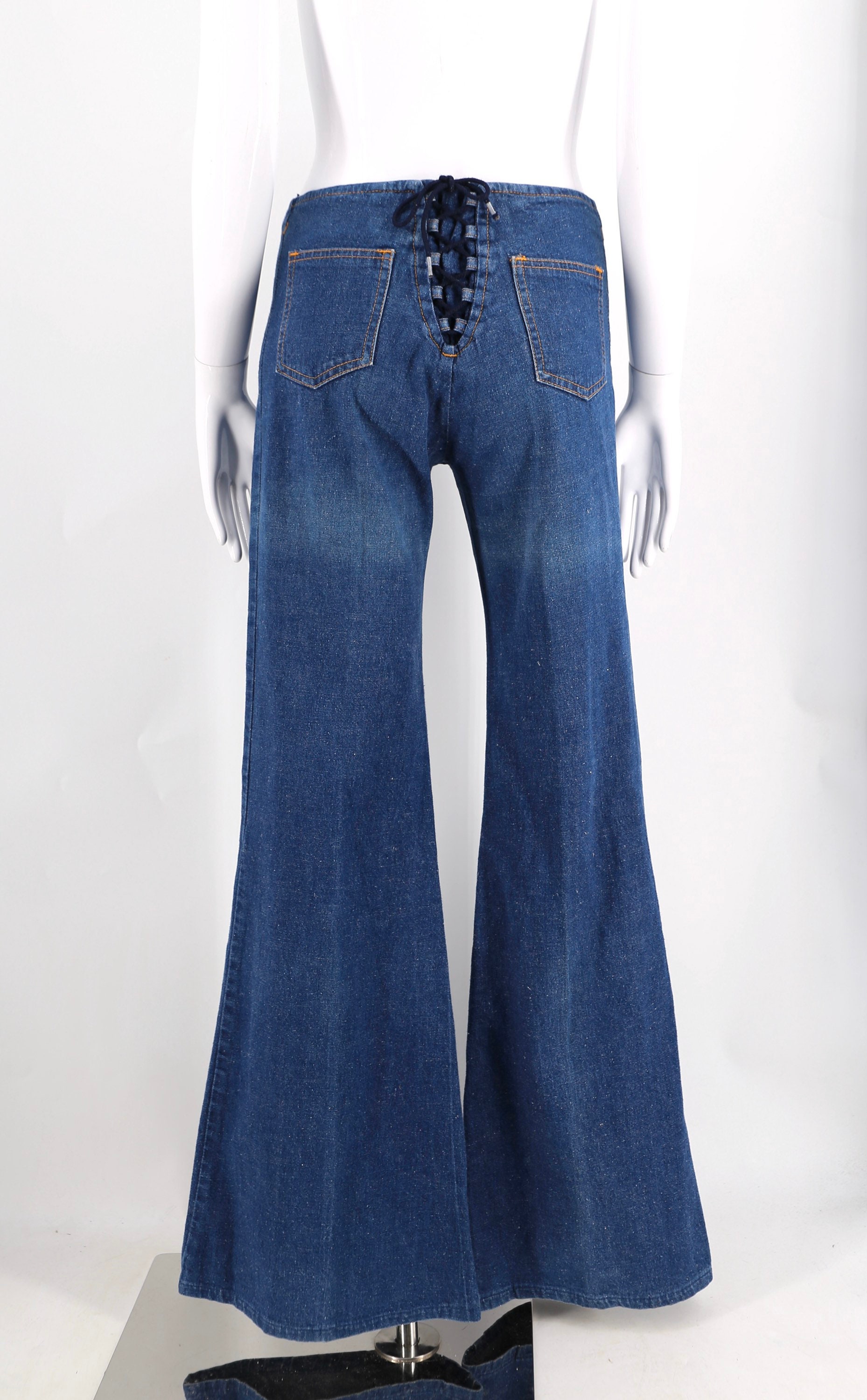 70s denim lace up hi waisted bells sz 28-31 / vintage 1970s Chemin De ...