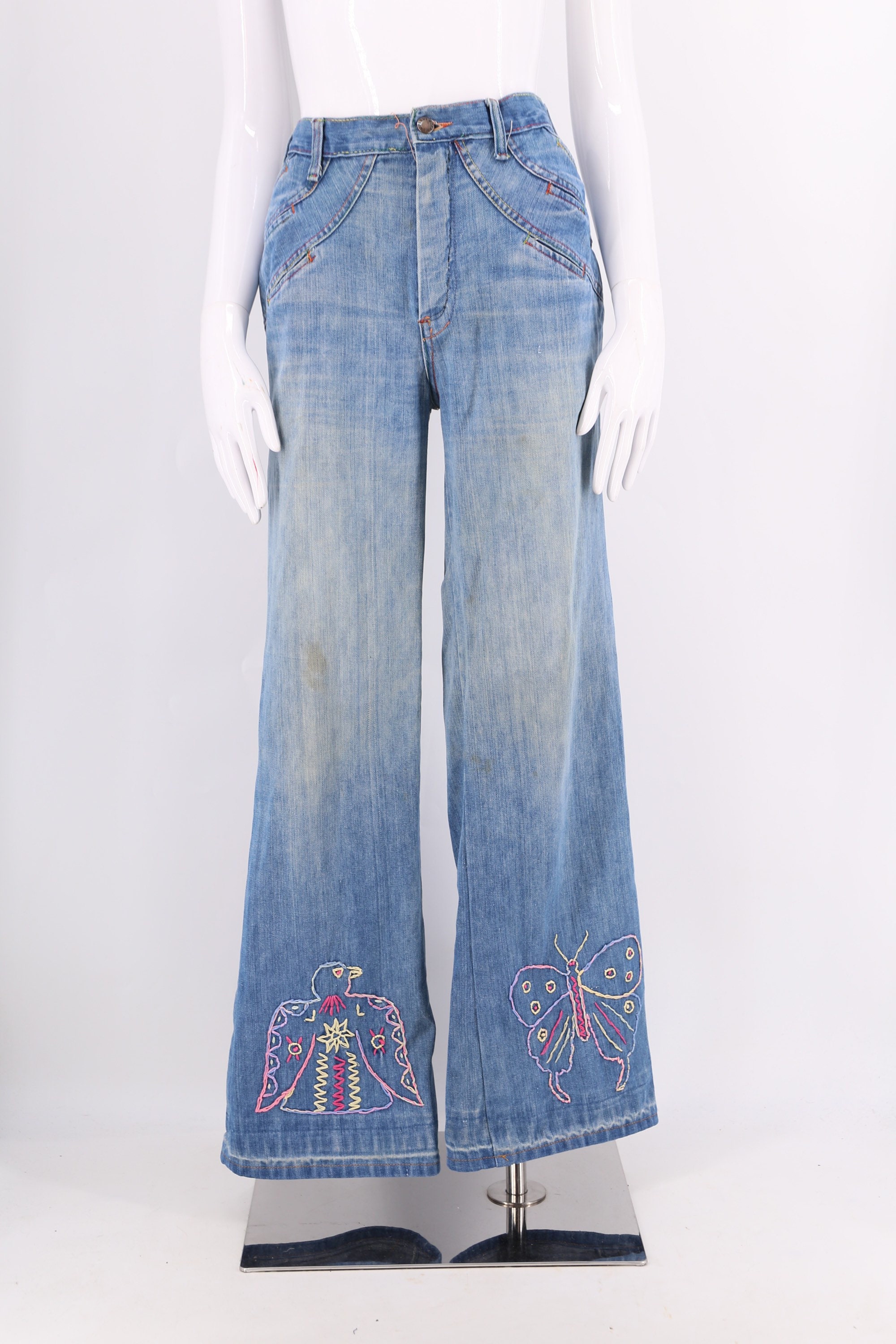 70s custom embroidered bell bottoms jeans / vintage 1970s butterfly ...