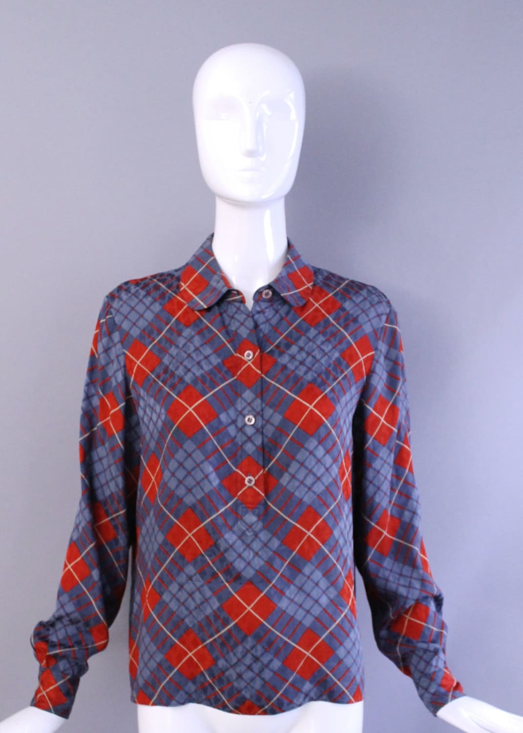 80s GEOFFREY BEENE argyle plaid Silk Printed Blouse tunic top vintage ...