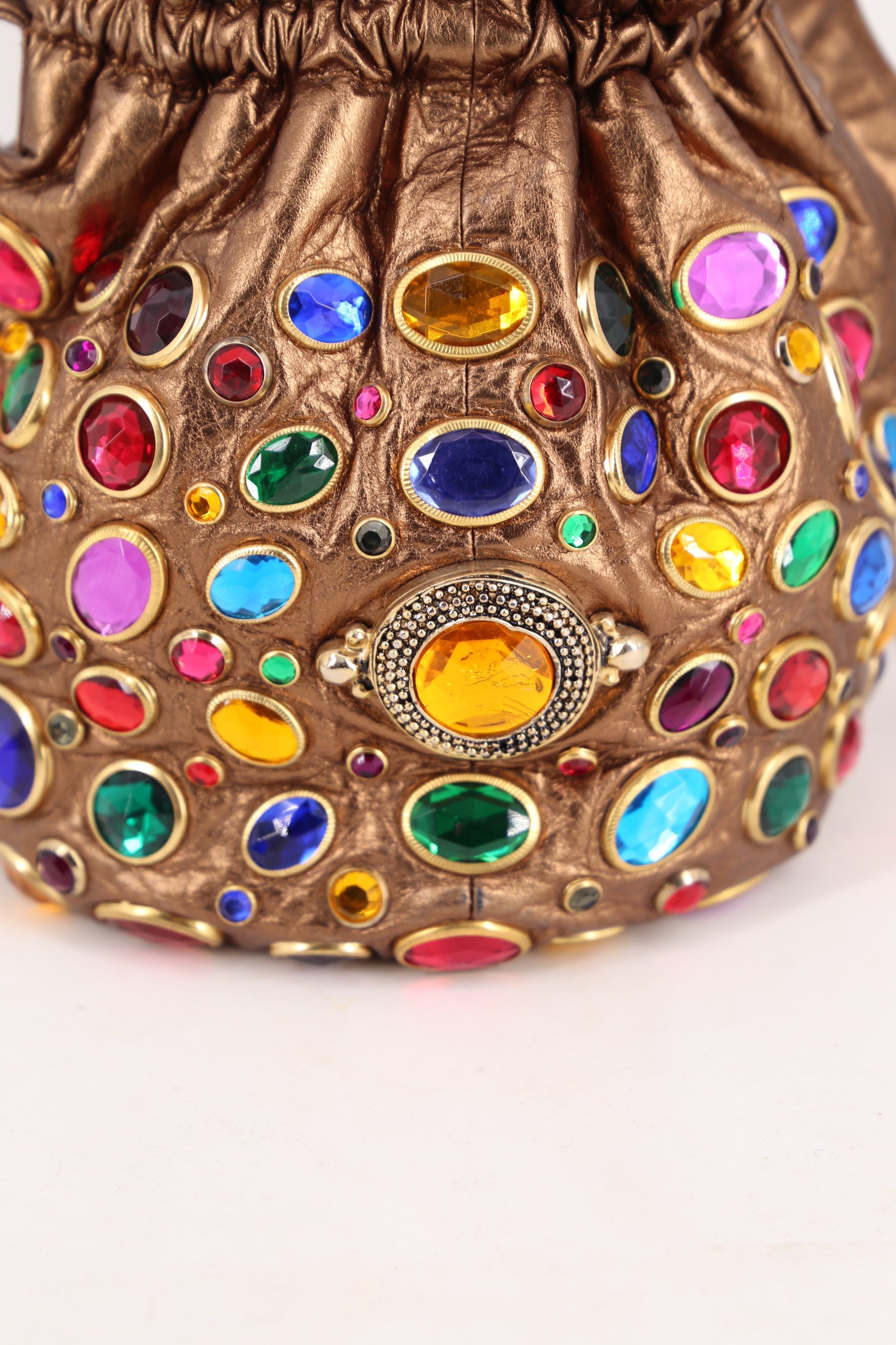 80s JEWELED bronze leather bucket bag / vintage 1980s big gem