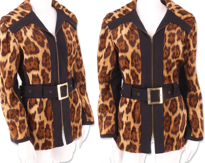70s leopard faux fur jacket M, vintage 1970s glam rock cheetah print jacket, belted fax fur coat blazer medium