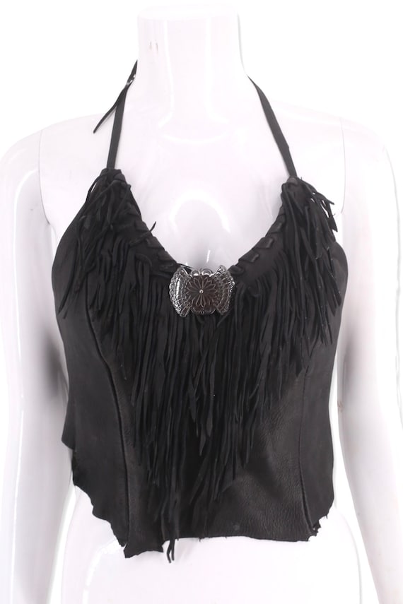 70s fringe leather black halter top size S, vinta… - image 5