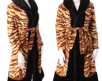 70s tiger print faux fur penny lane coat M, vintage 1970s YOUTHCRAFT plush fur tie coat, 60s leopard animal print jacket S/M