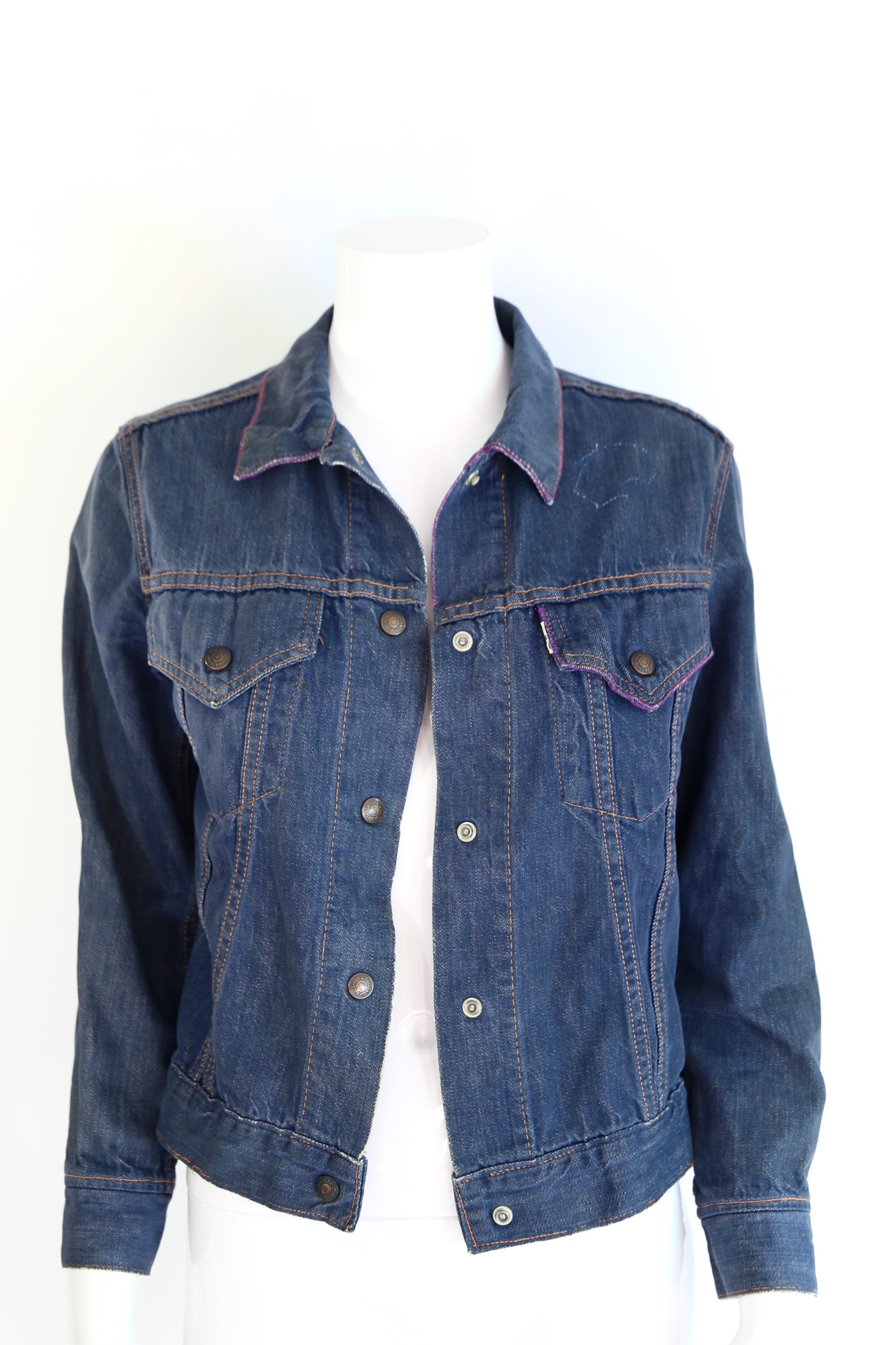 60s LEVIS Big E denim jacket / vintage 1960s 70s Levis For Gals custom  embroidered dark denim ARIES astrology jacket sz S