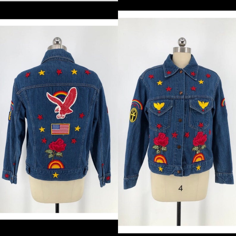 70s denim jacket patches / vintage 1970s dark denim hippy | Etsy