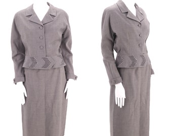 Trajes de falda vintage de lana gris de los años 50 sz 8 / principios de la década de 1950 Nicki Ames chaqueta blazer slouchy traje de falda sz M Vertigo