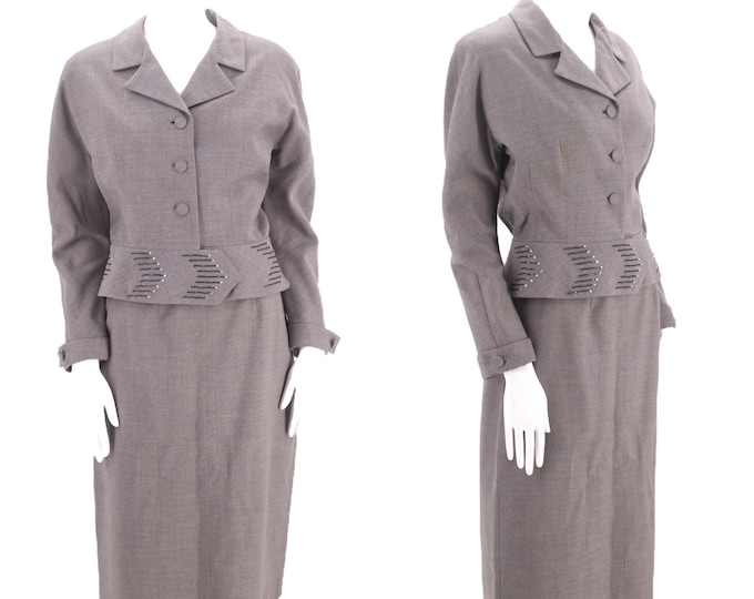 50s gray wool vintage skirt suit sz 8 / early 1950s Nicki Ames slouchy blazer jacket skirt outfit sz M Vertigo