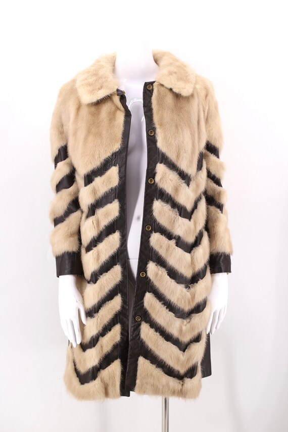 70s mink leather fur coat, vintage 1970s chevron … - image 3