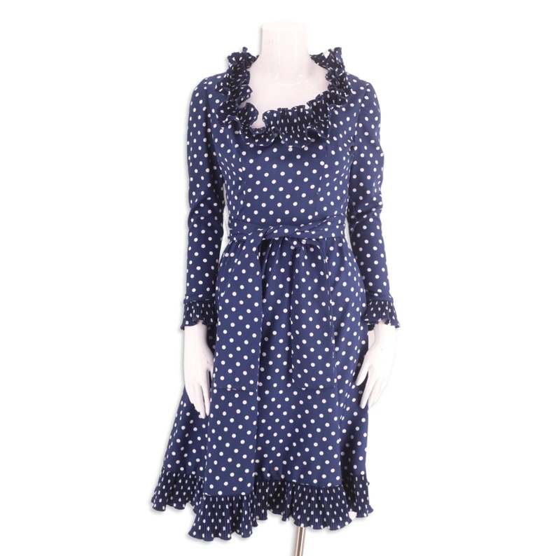 80s VICTOR COSTA navy day dress size S, vintage 1980s polka dot print party dress, ruffle midi dress sz 4 image 5