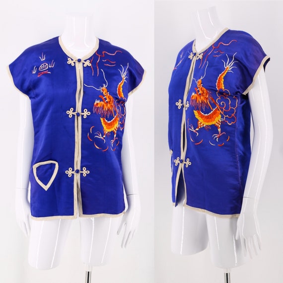 30s silk pj top / vintage 1930s Chinese dragon emb