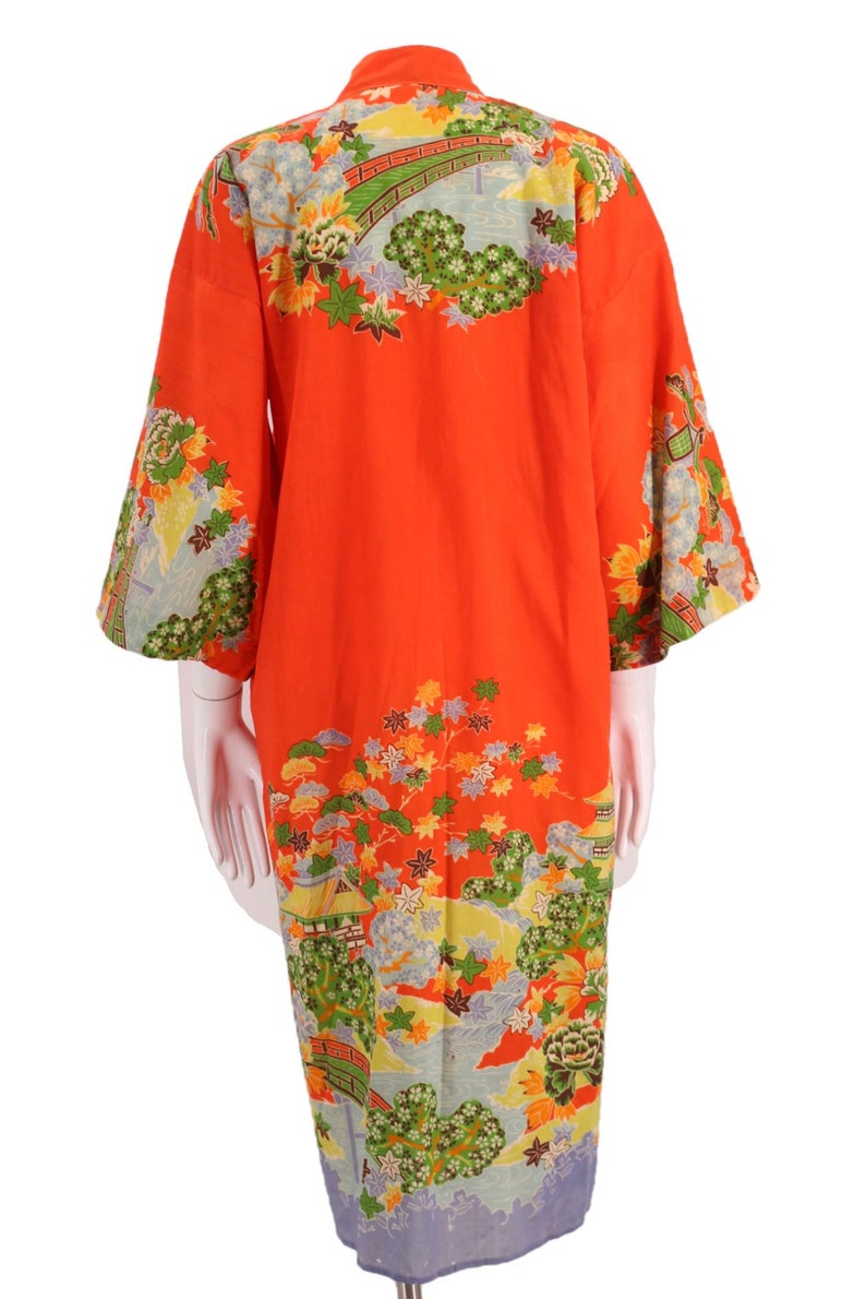 30s JAPAN kimono wool challis print robe / vintage 1930s export KIMONO in tangerine cherry blossom theme 20s image 4