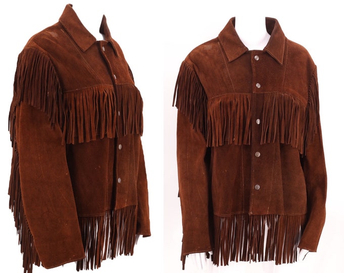 70s brown suede western fringe jacket M / vintage 1970s rock and roll Woodstock era chocolate fringed jacket  medium