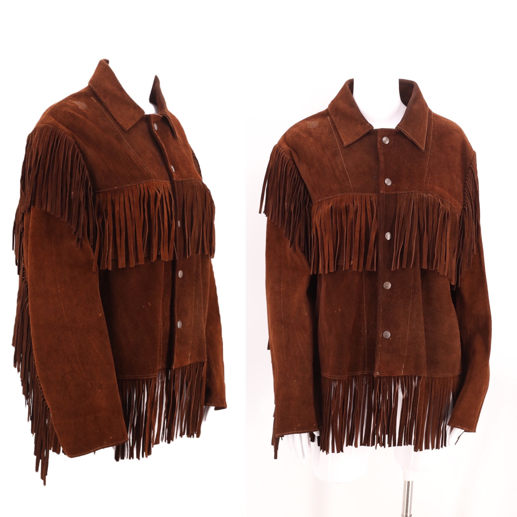 70s brown suede western fringe jacket M / vintage 1970s rock and