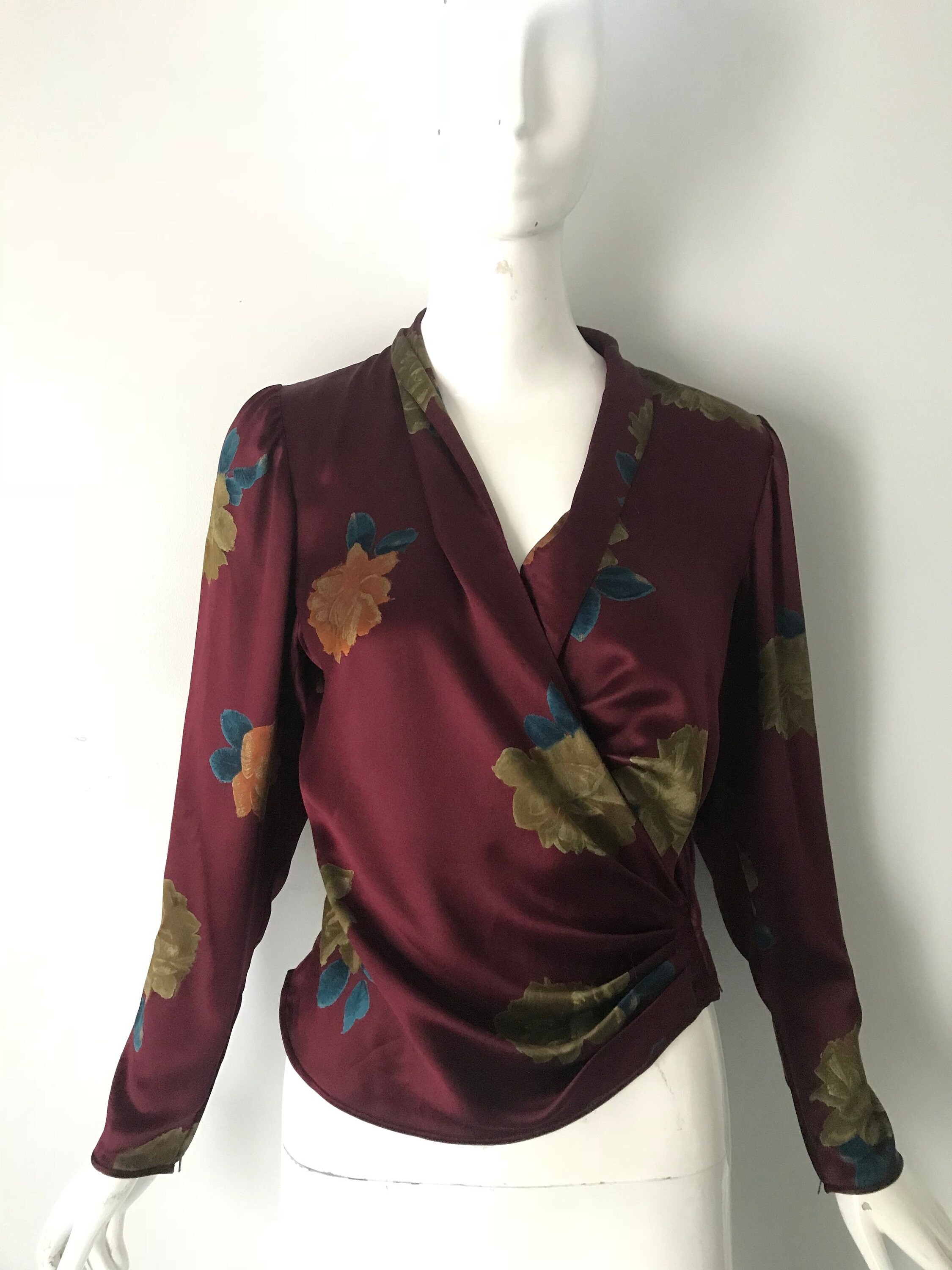 80s Emanuel Ungaro Jewel Tone Floral Silk Elegant Ruched Blouse Top 8