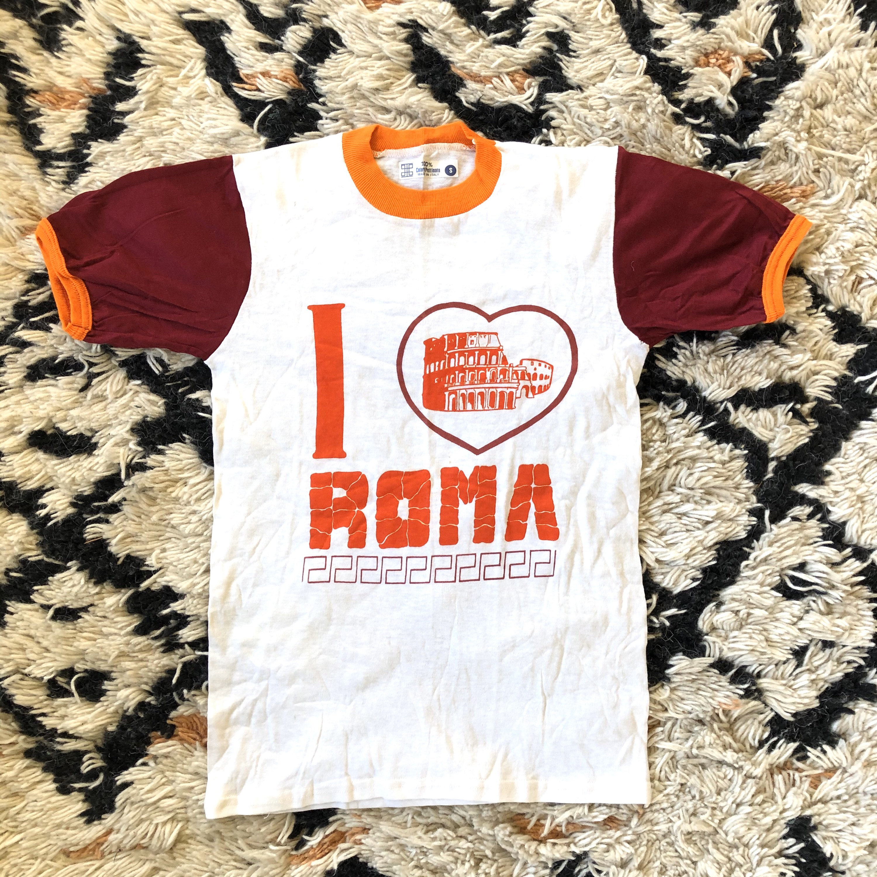 70s red & white I LOVE ROMA cotton graphic logo ringer t shirt ...