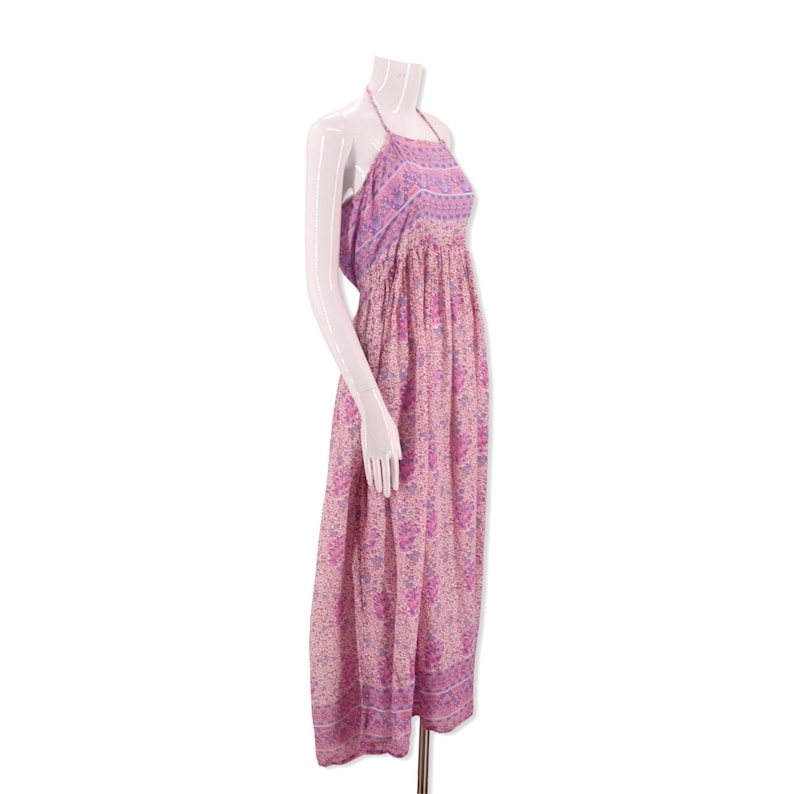 70s India print cotton peasant dress set M, vintage 1970s pink block print halter and caftan outfit, sheer cotton duster robe adini phool image 3