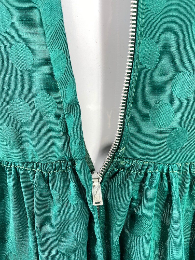 30s rayon Satin emerald dressing gown M / vintage late 1930s 40s dot print zip front dress with wide sweep and sash 1940s S-M image 10